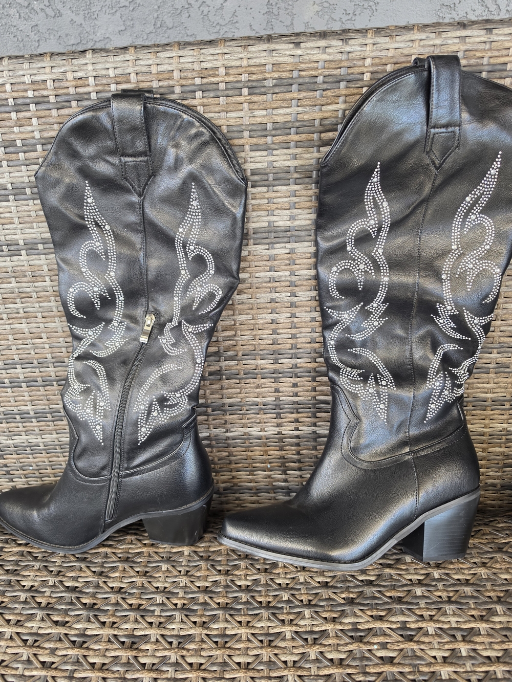 Black Western Knee-High Boots with Rhinestone Stitching